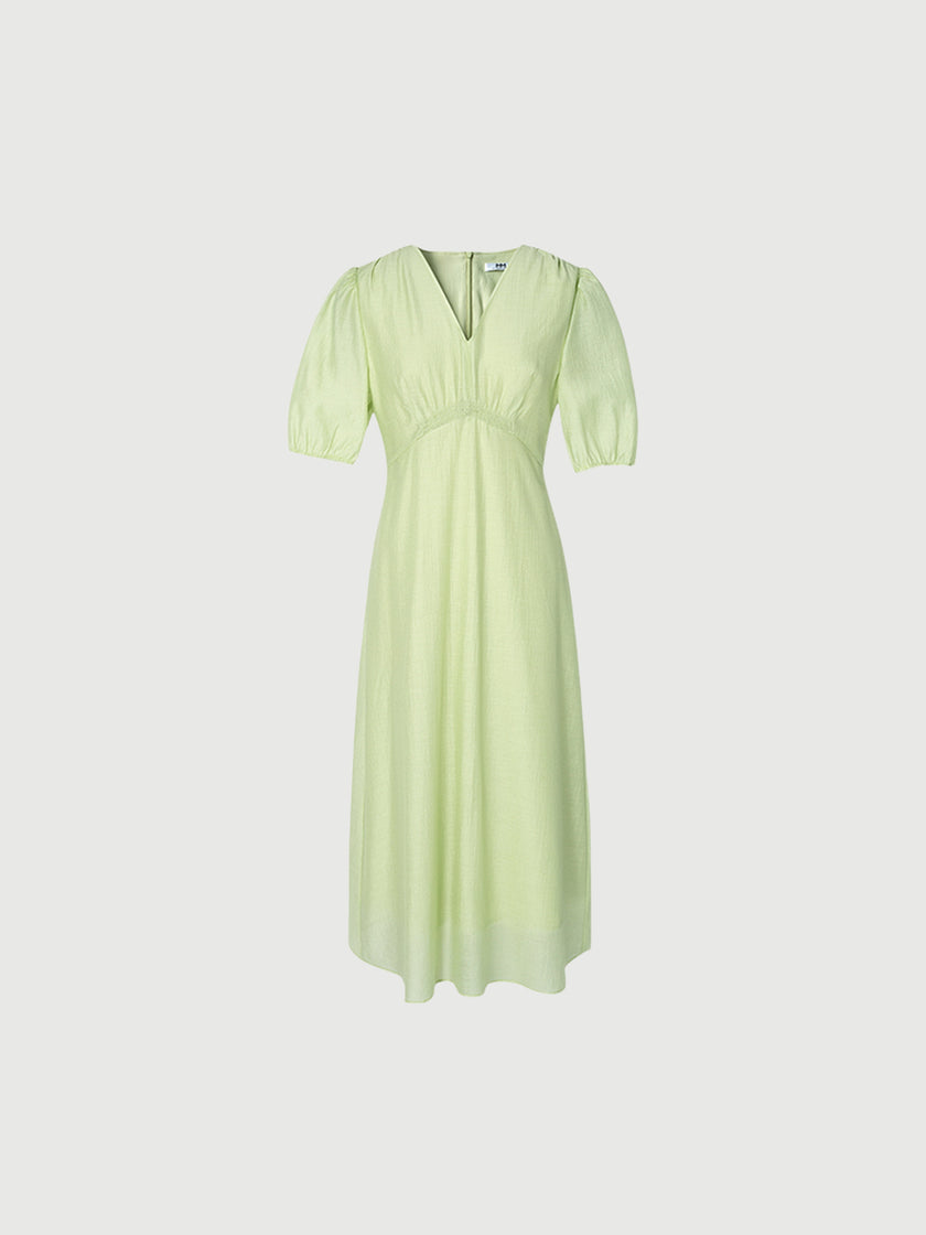 Women's Light Green V Neck Short Sleeves Shirring Smocking Design Dress