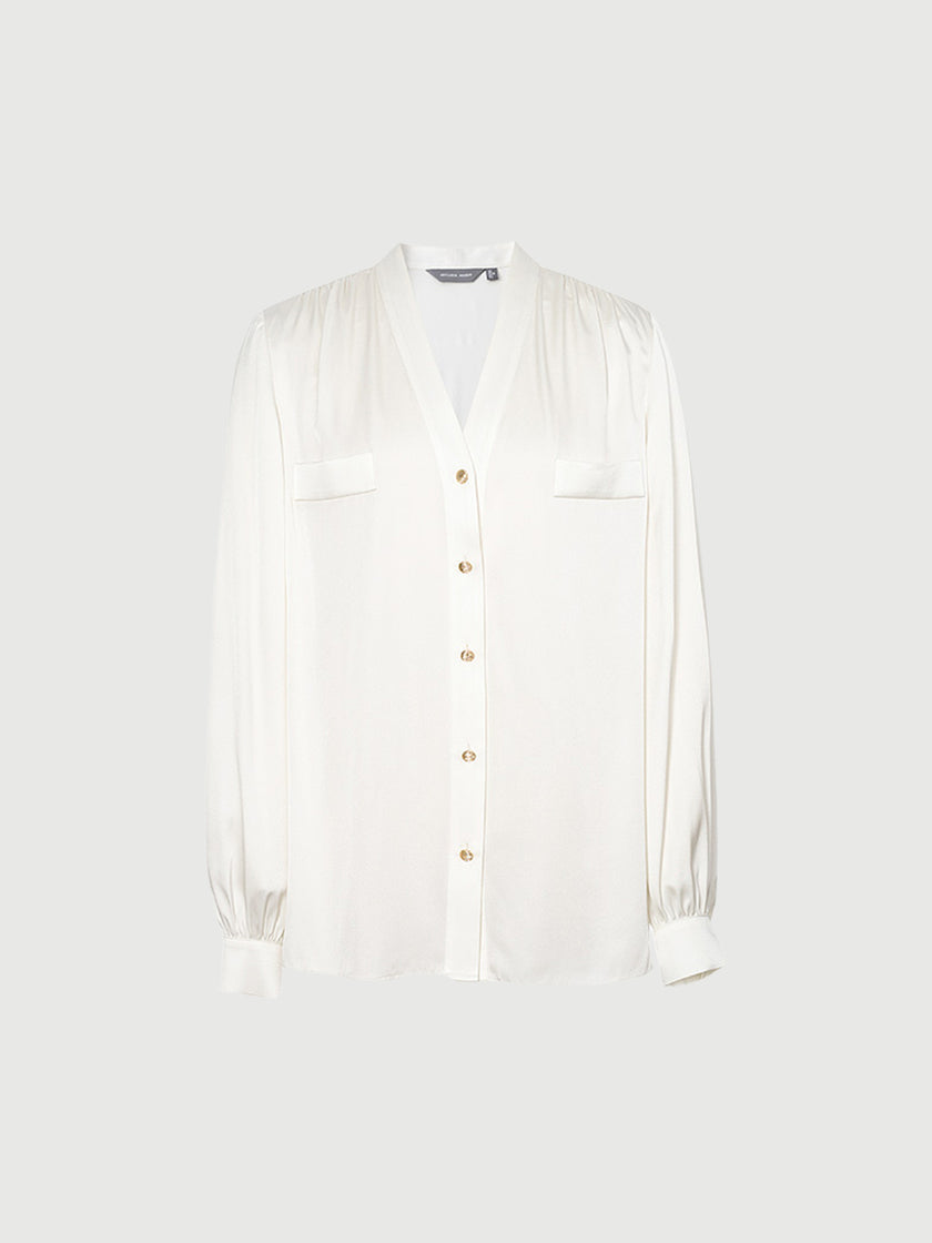 Women's White Silk V Neck Long Sleeve Premium Shirt