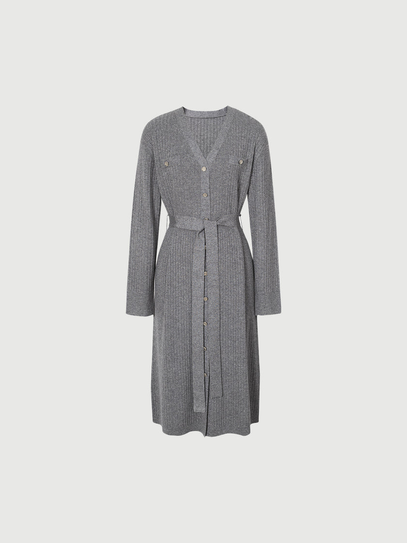 Women's Rock Gray V Neck Rib Knit Tie Belt Jersey Dress