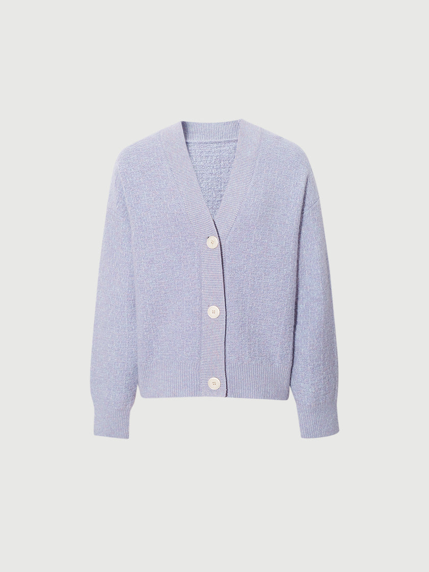 Women's Lavender V Neck Loose Fit Wool Cardigan Sweater