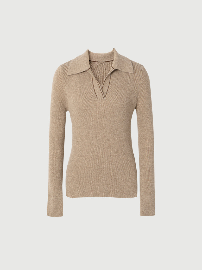 Brown cashmere sweater with V-neck polo neck