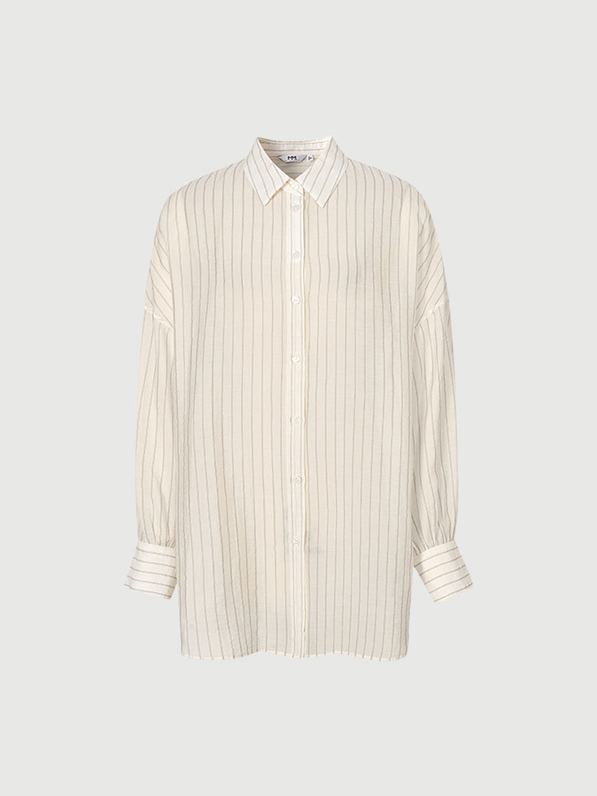 Women's Off-White Pinstripe Shirt Collar Smooth Lyocell Shirt