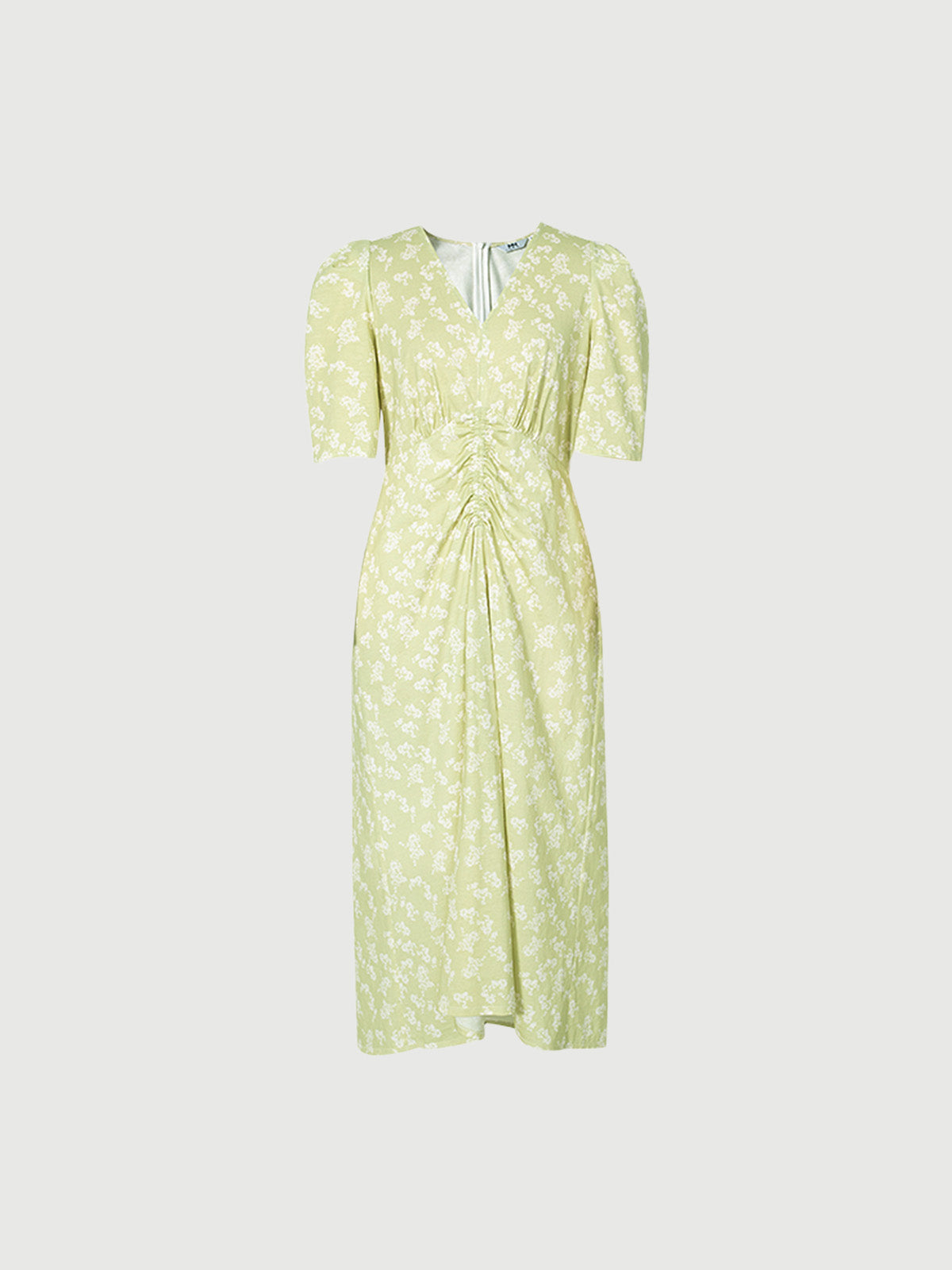 Green floral print dress with V-neck and pleated design