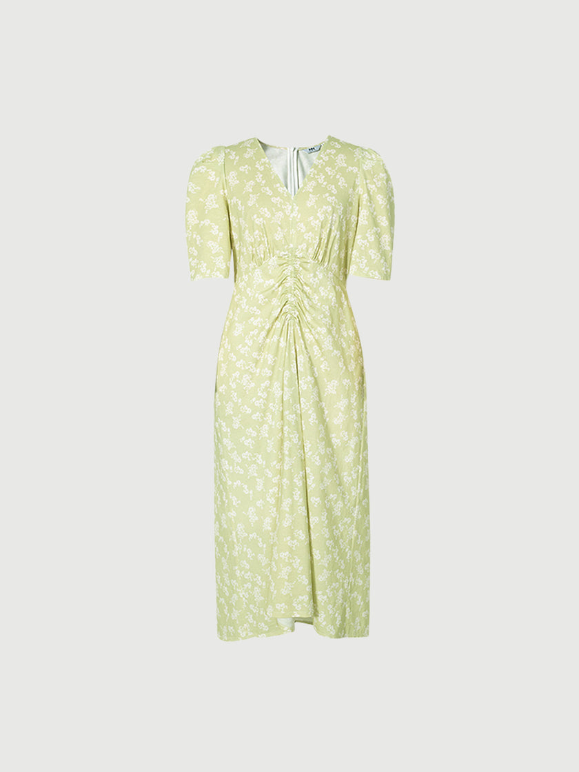 Green floral print dress with V-neck and pleated design
