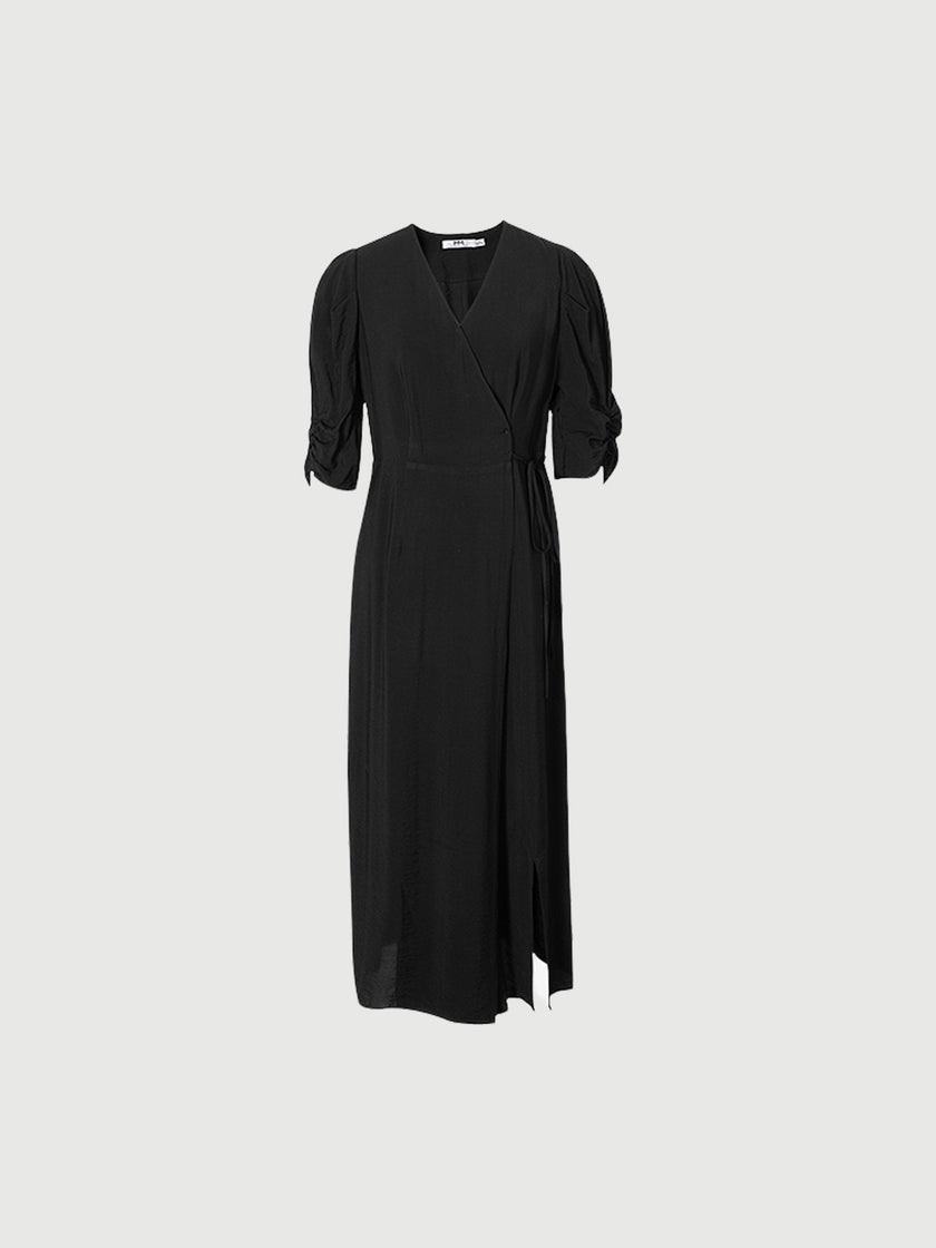 Black V-neck dress with puff sleeves