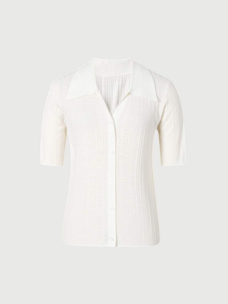 Women's White Polo Neck Short Sleeves Knit Top
