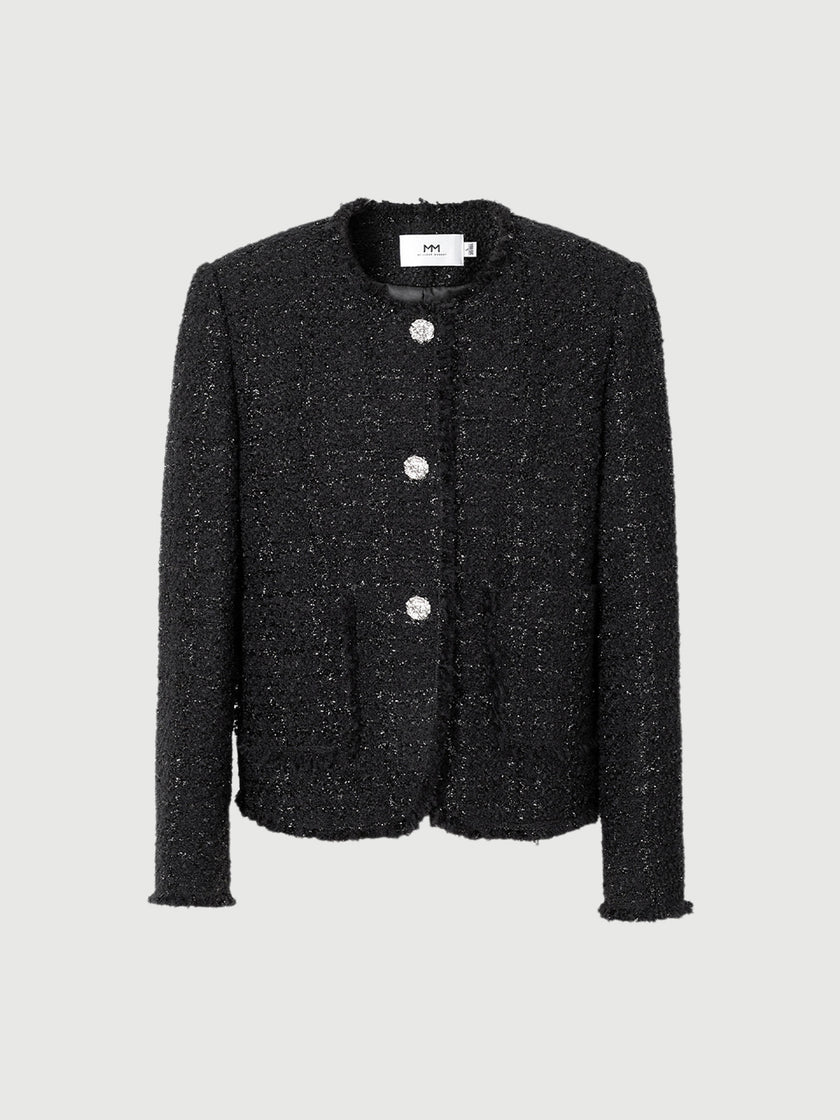 Black tweed jacket with round collar and button closure