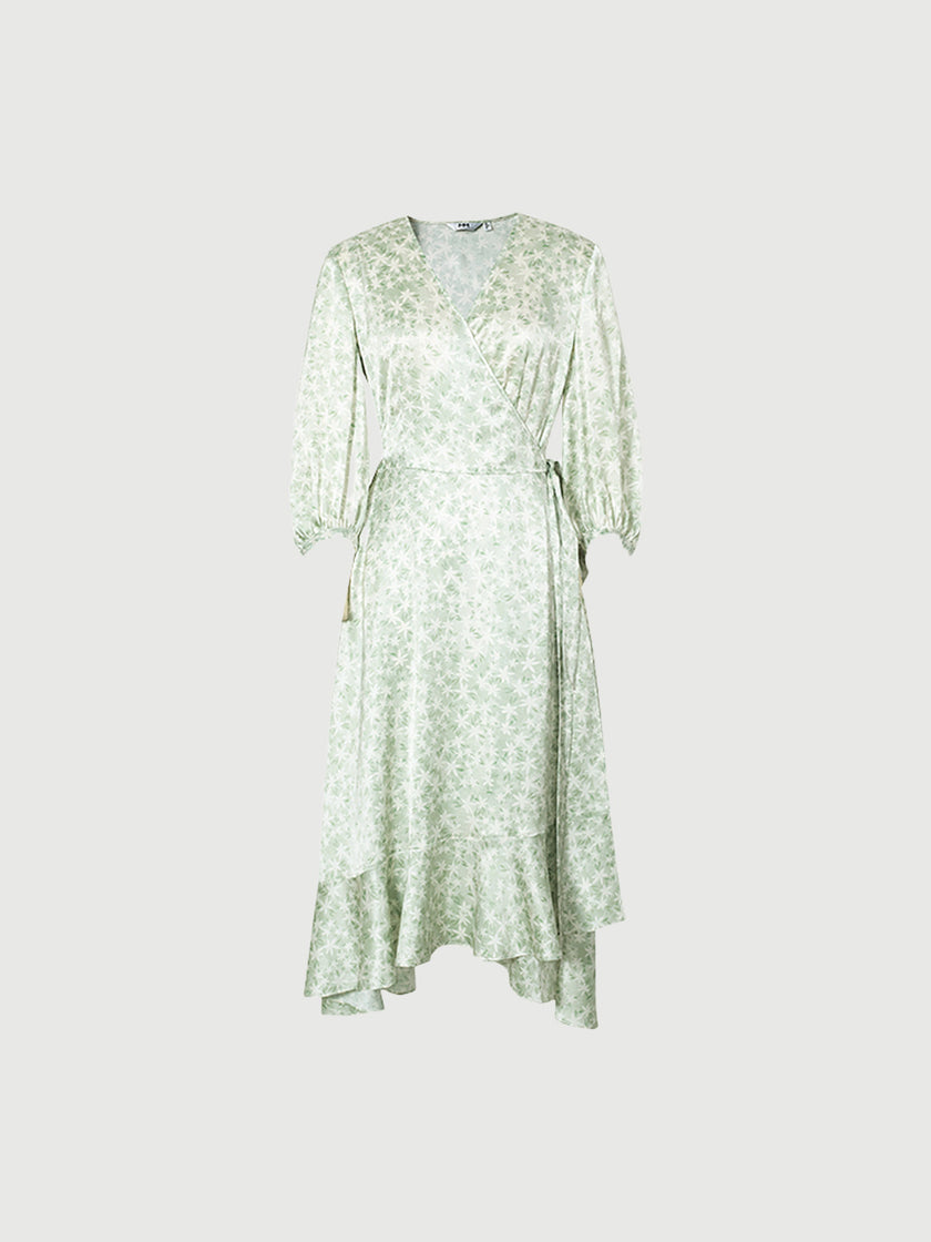Mint green floral print dress with a v-neck, crossover cut and an irregular hem