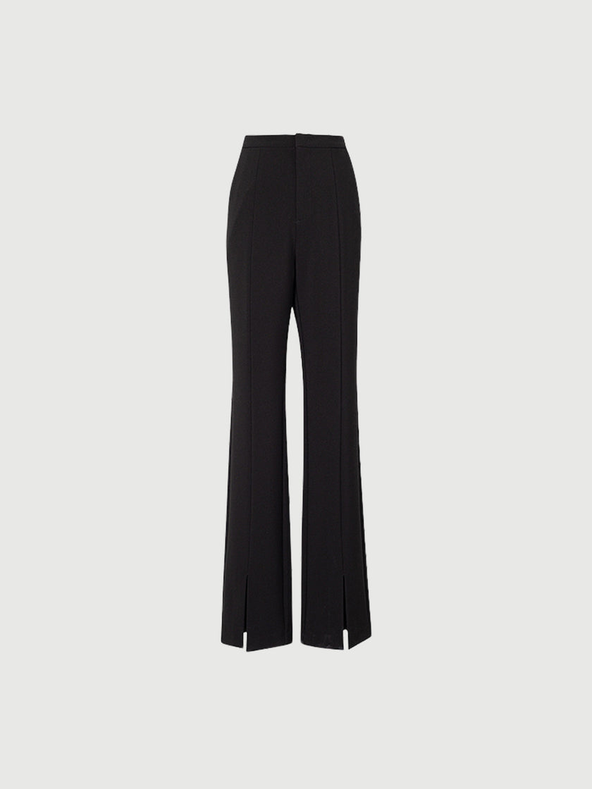 Black slim fit pants with a high waist and a slightly flared leg
