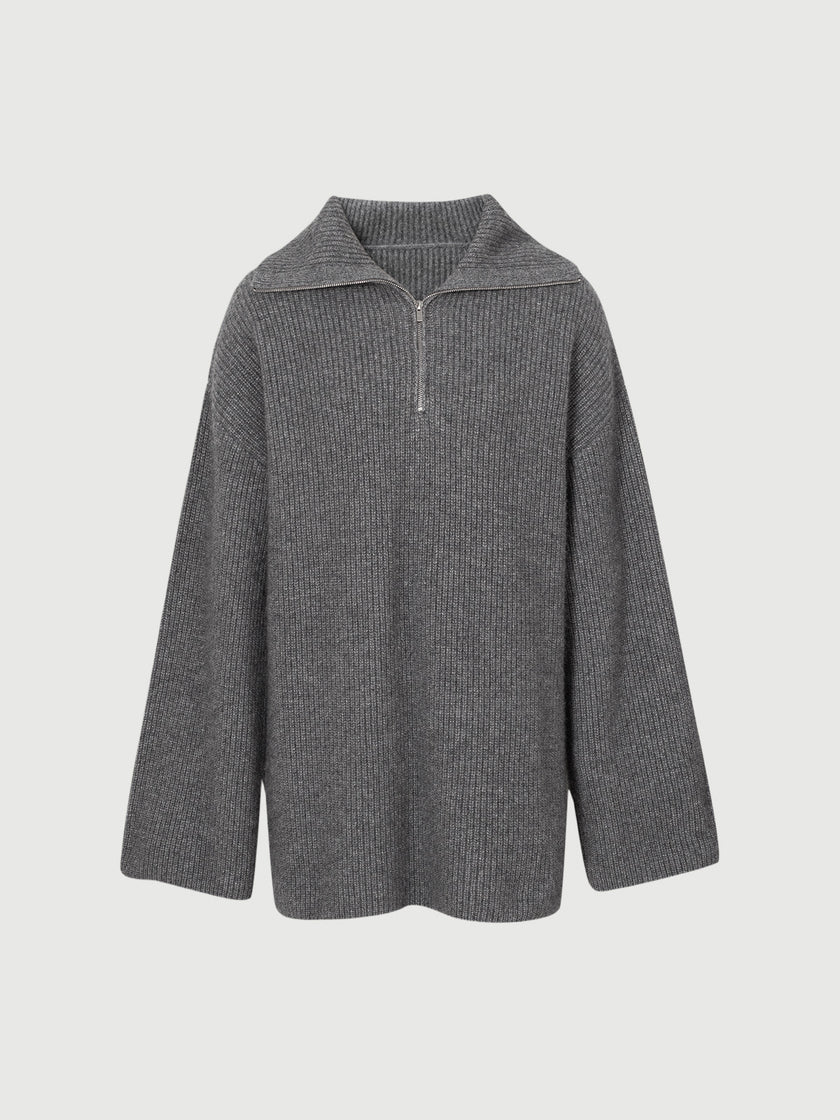 Women's Gray Zipper Lapel Design Sheep Wool Sweater