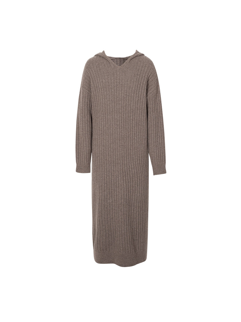 Women's Sandstone Brown Round Neck Loose Fit Wool Jersey Dress