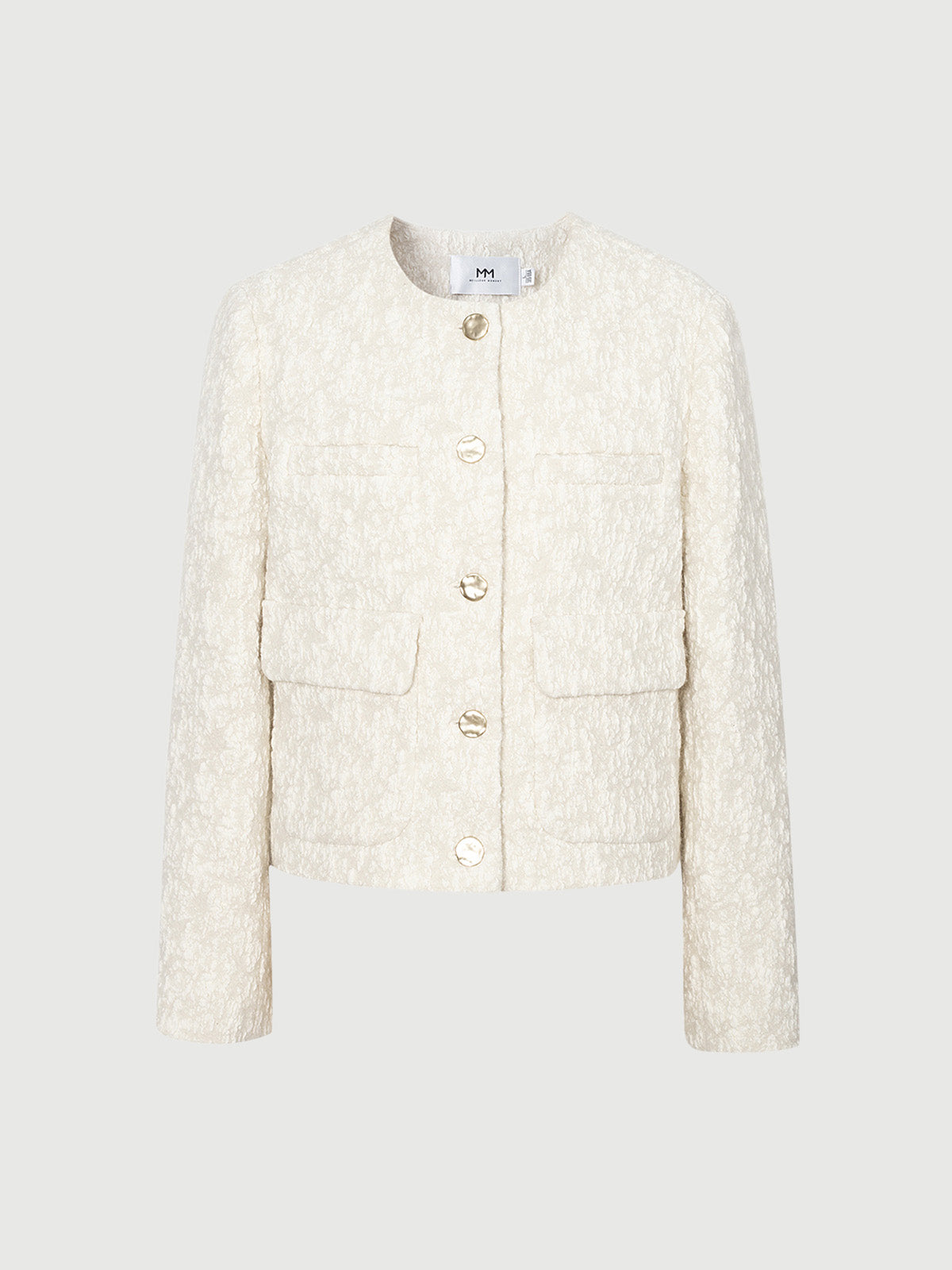 Beige floral patterned long sleeve round neck button-down jacket
