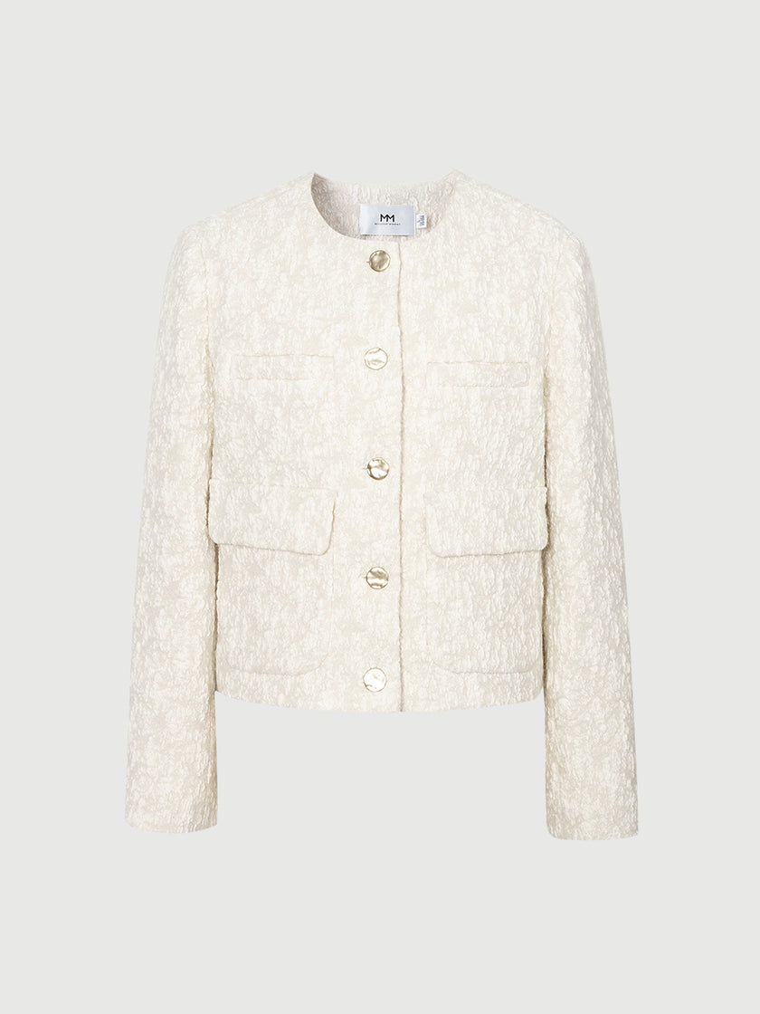 Beige floral patterned long sleeve round neck button-down jacket
