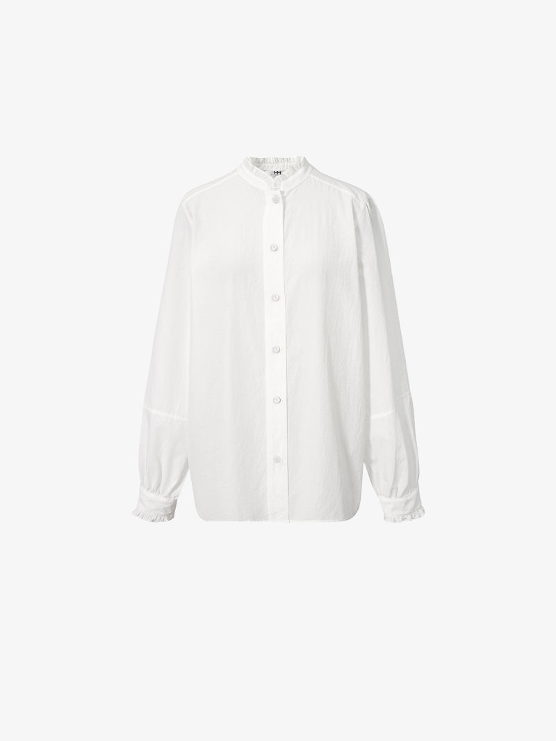 White long-sleeved blouse with pleated collar