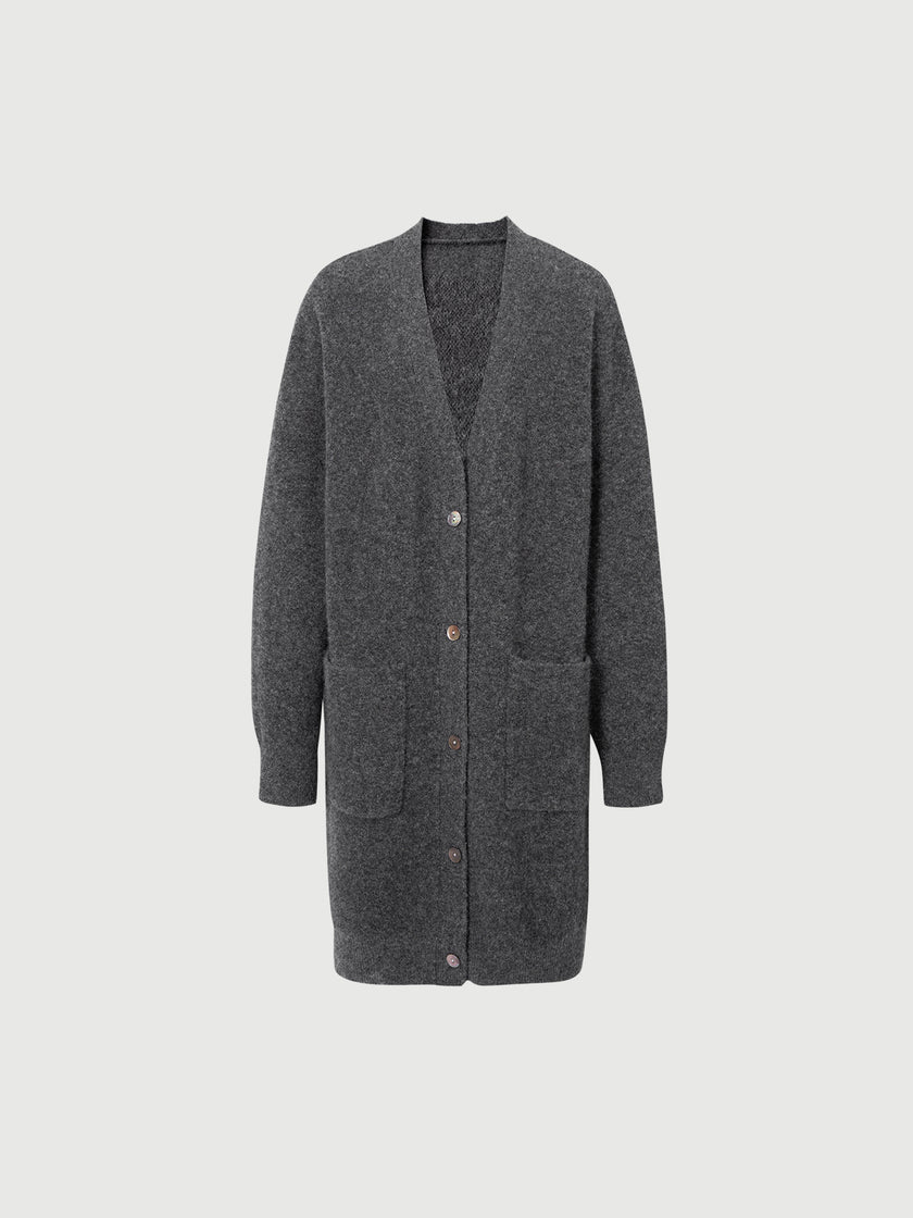 Dark gray sheepskin cardigan with puffed sleeves and V-neck