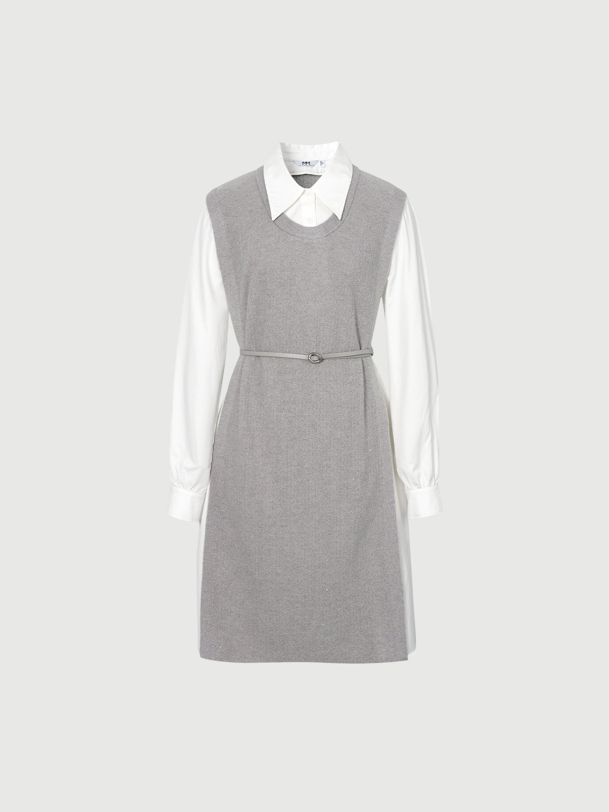Women's Gray Whit Floral Classic Collar Long Sleeve Belted Splicing Dress