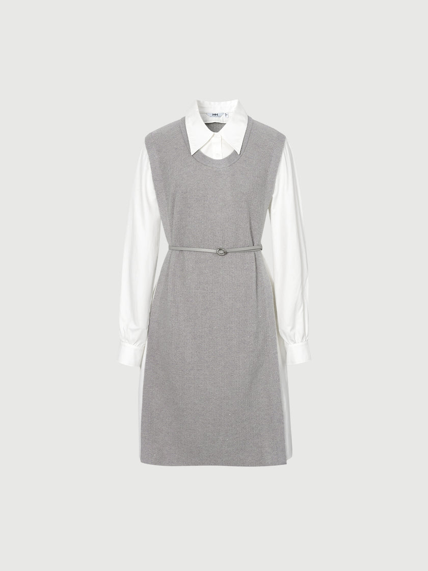 Women's Gray Whit Floral Classic Collar Long Sleeve Belted Splicing Dress