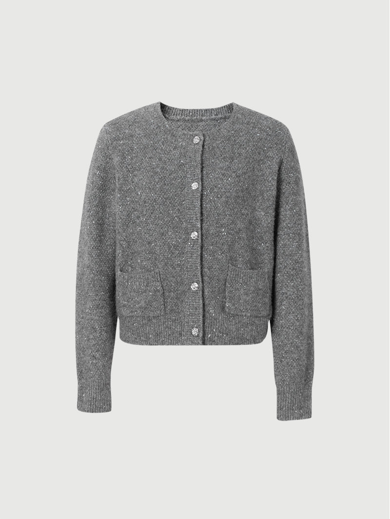 Women's Gray Round Neck Wool Button Down Cardigan Sweater