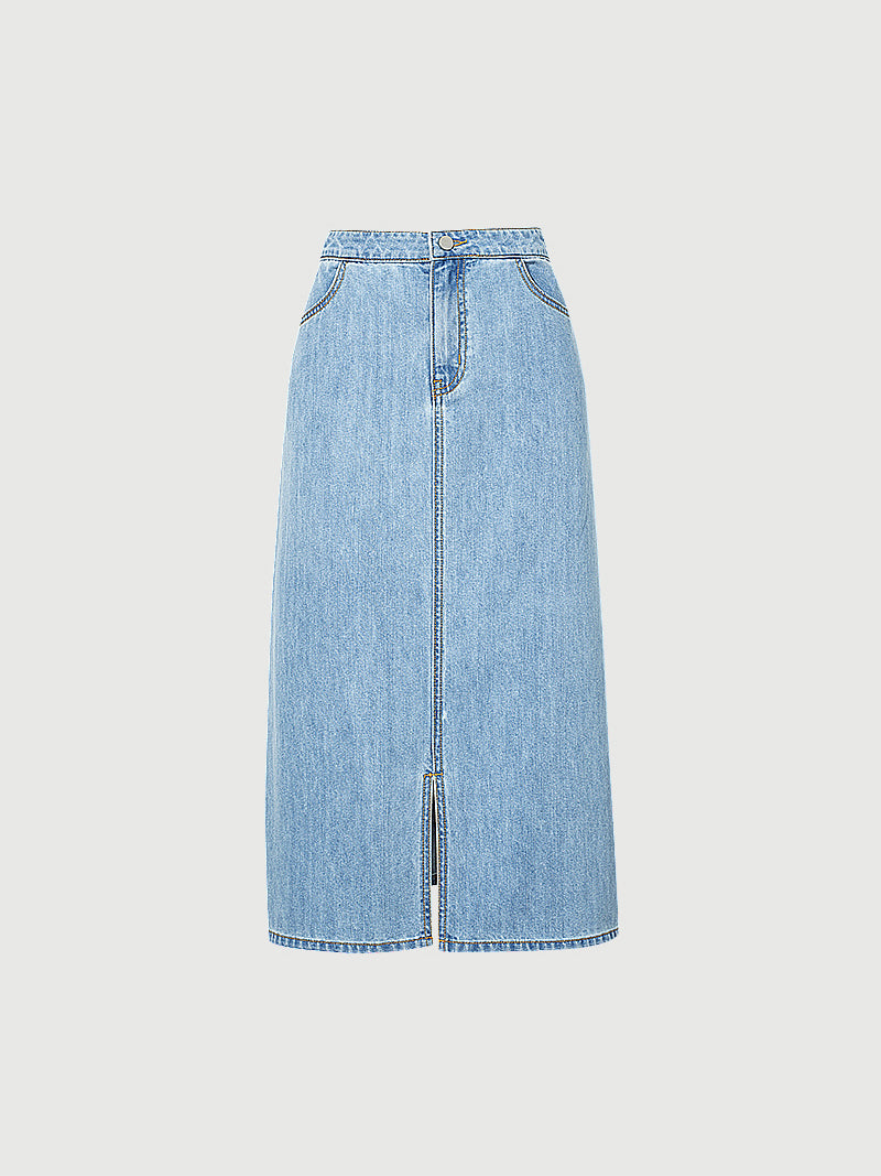 Blue denim mid-length straight skirt with shirring
