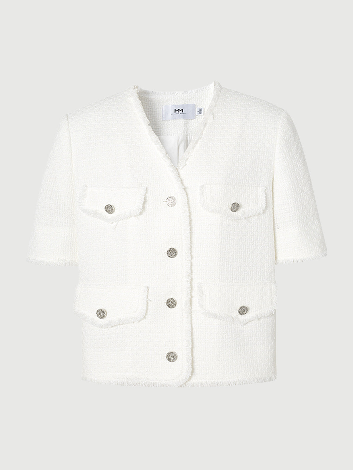 Women's Original White V Neck Texture Fringes Shoulder Pad Short Jacket