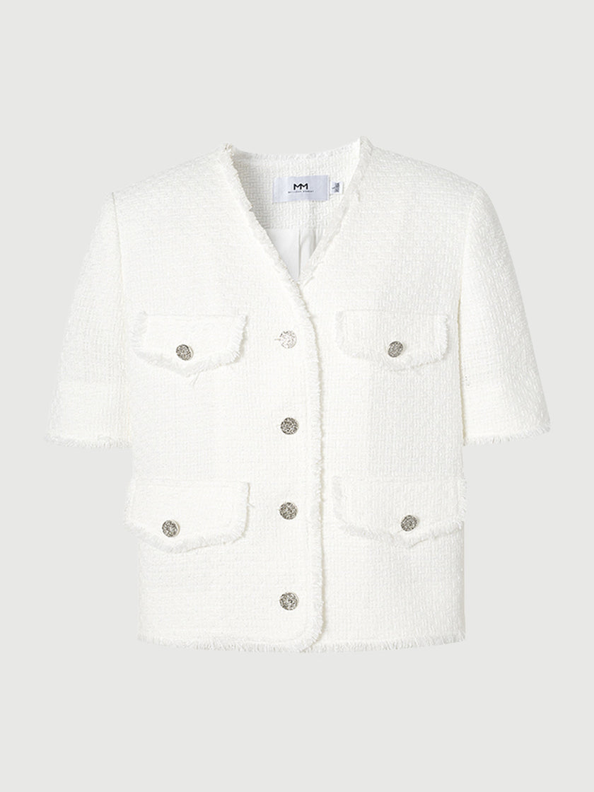 Women's Original White V Neck Texture Fringes Shoulder Pad Short Jacket