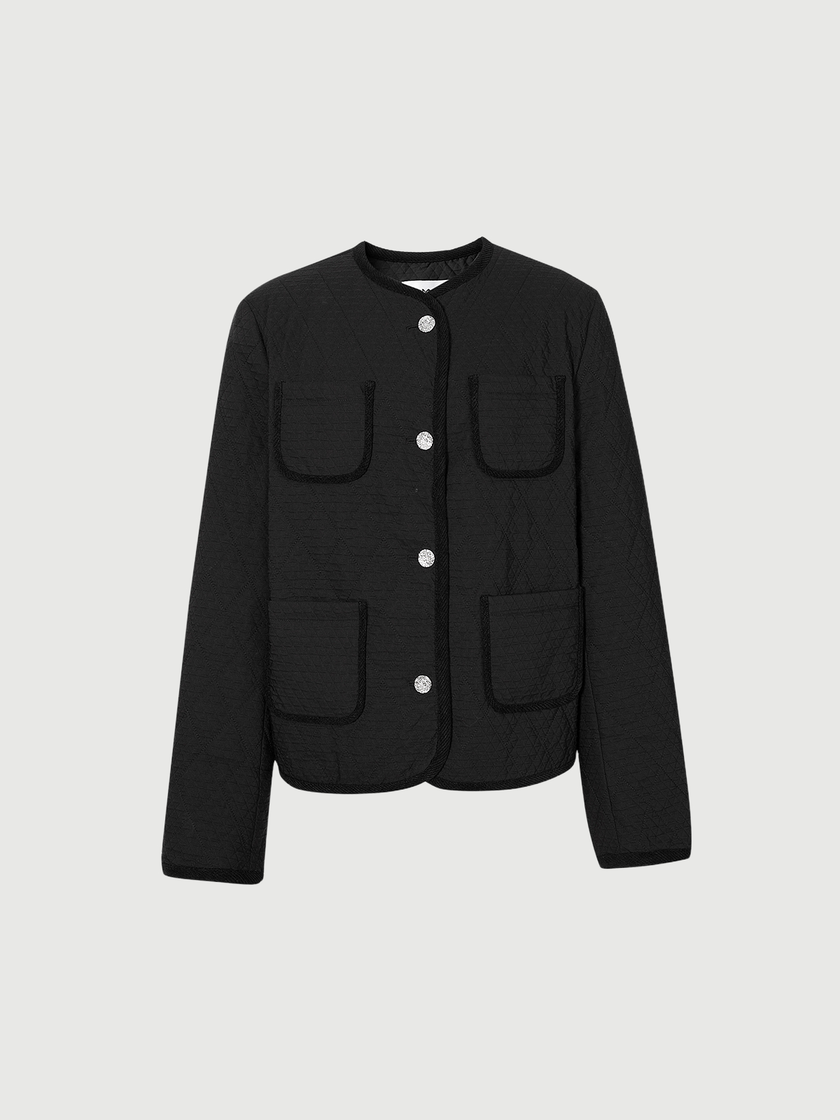 Black quilted jacket with round neck and buttons