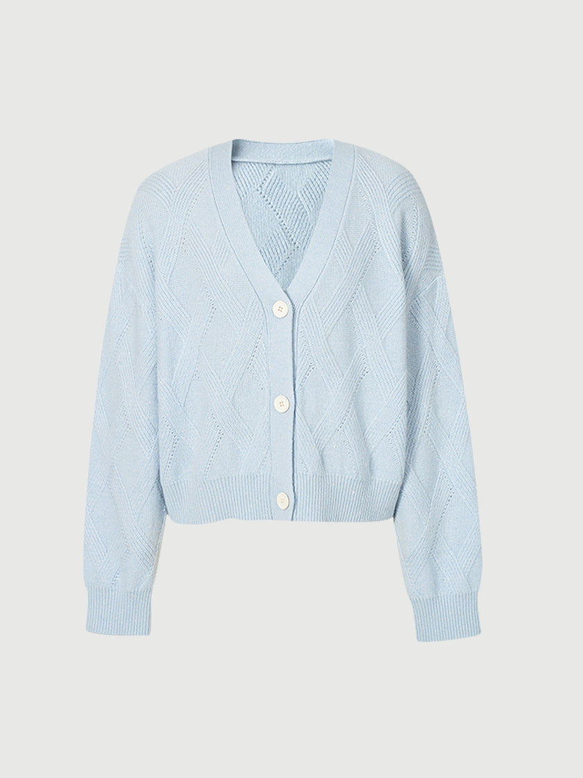 Women's Light Blue V Neck Rib Wool Knit Cardigan