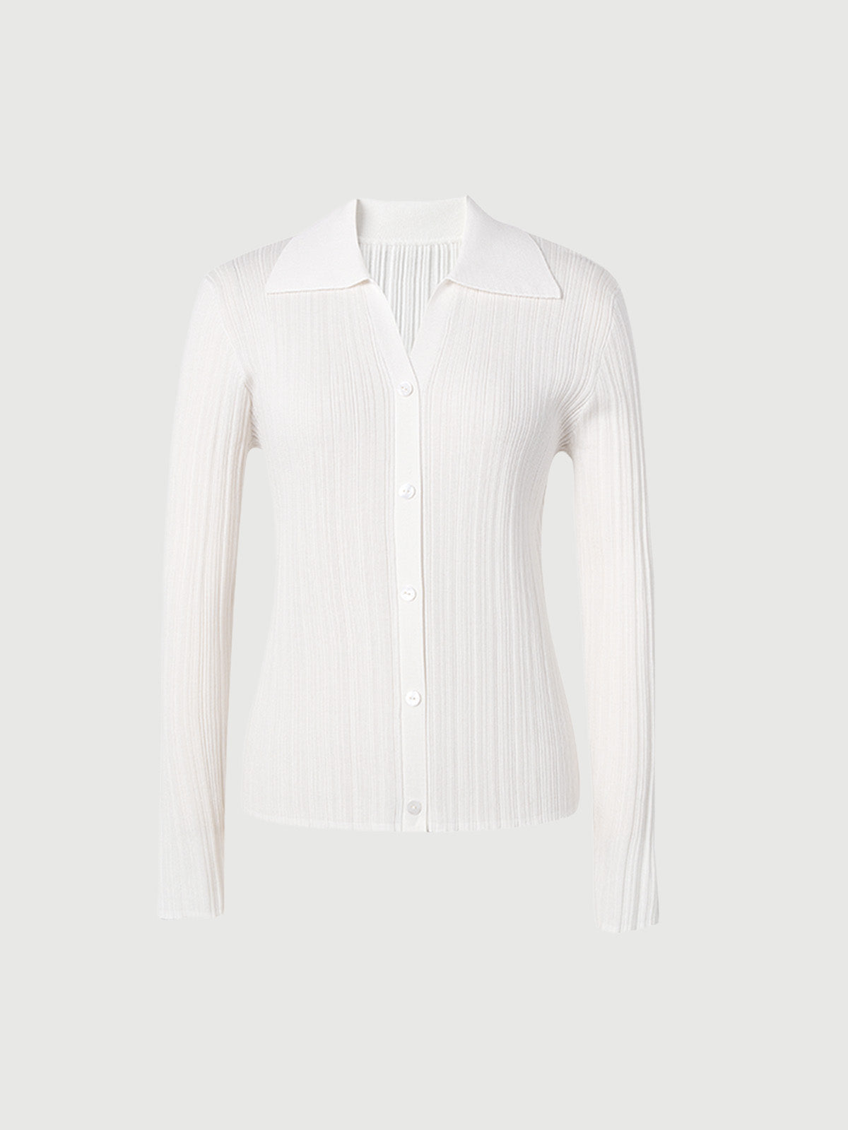 Women's Original White Polo Neck Long Sleeves Lyocell Triacetate Rib Pattern Knitwear
