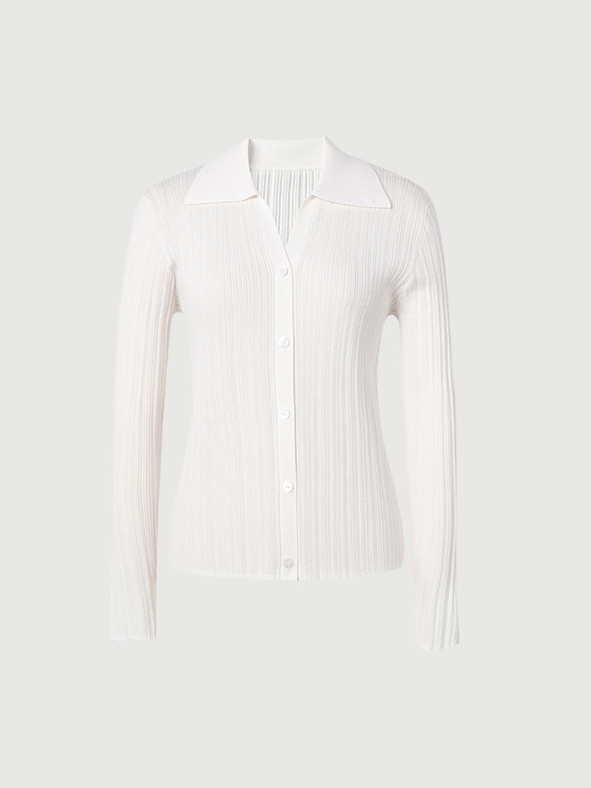 Women's Original White Polo Neck Long Sleeves Lyocell Triacetate Rib Pattern Knitwear