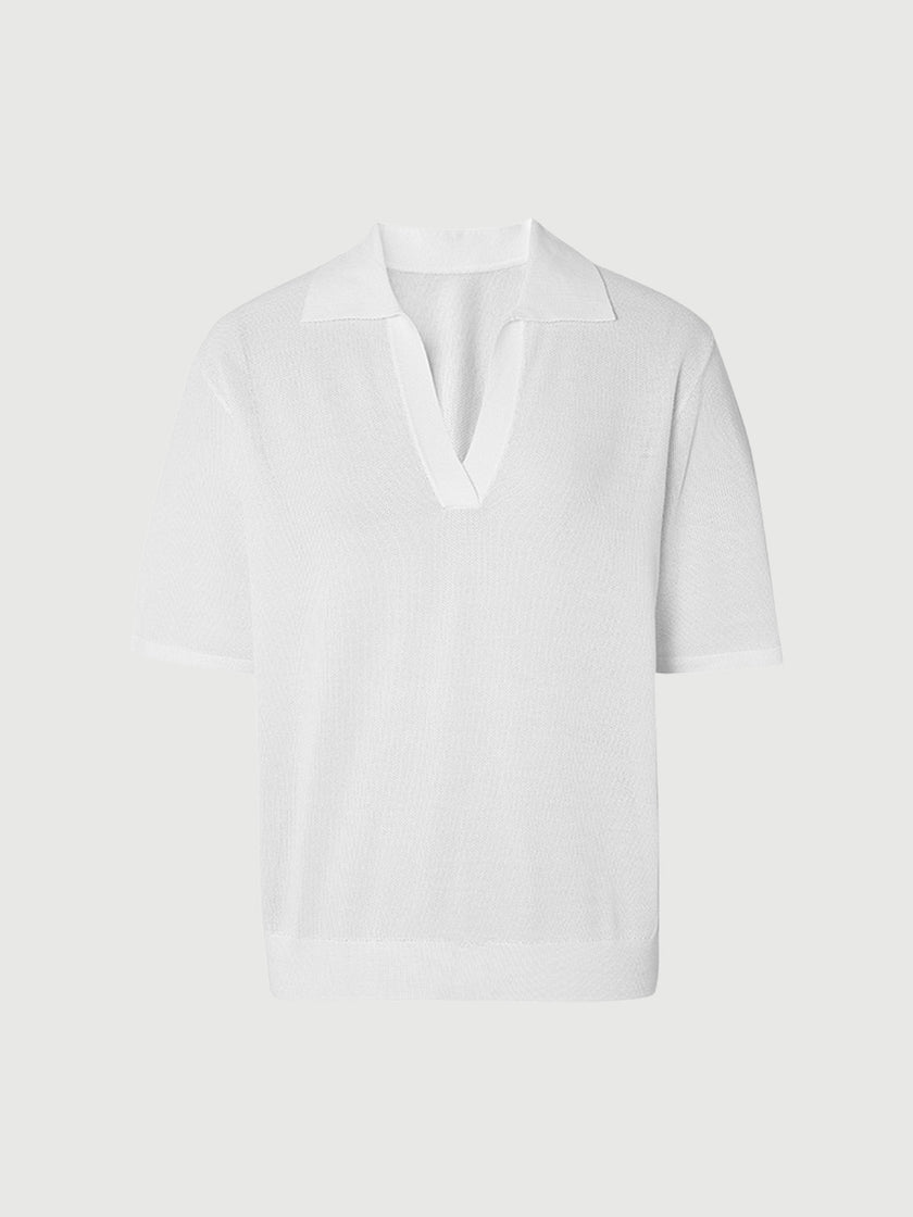 Women's White Polo V Neck Short Sleeve Knitwear Top