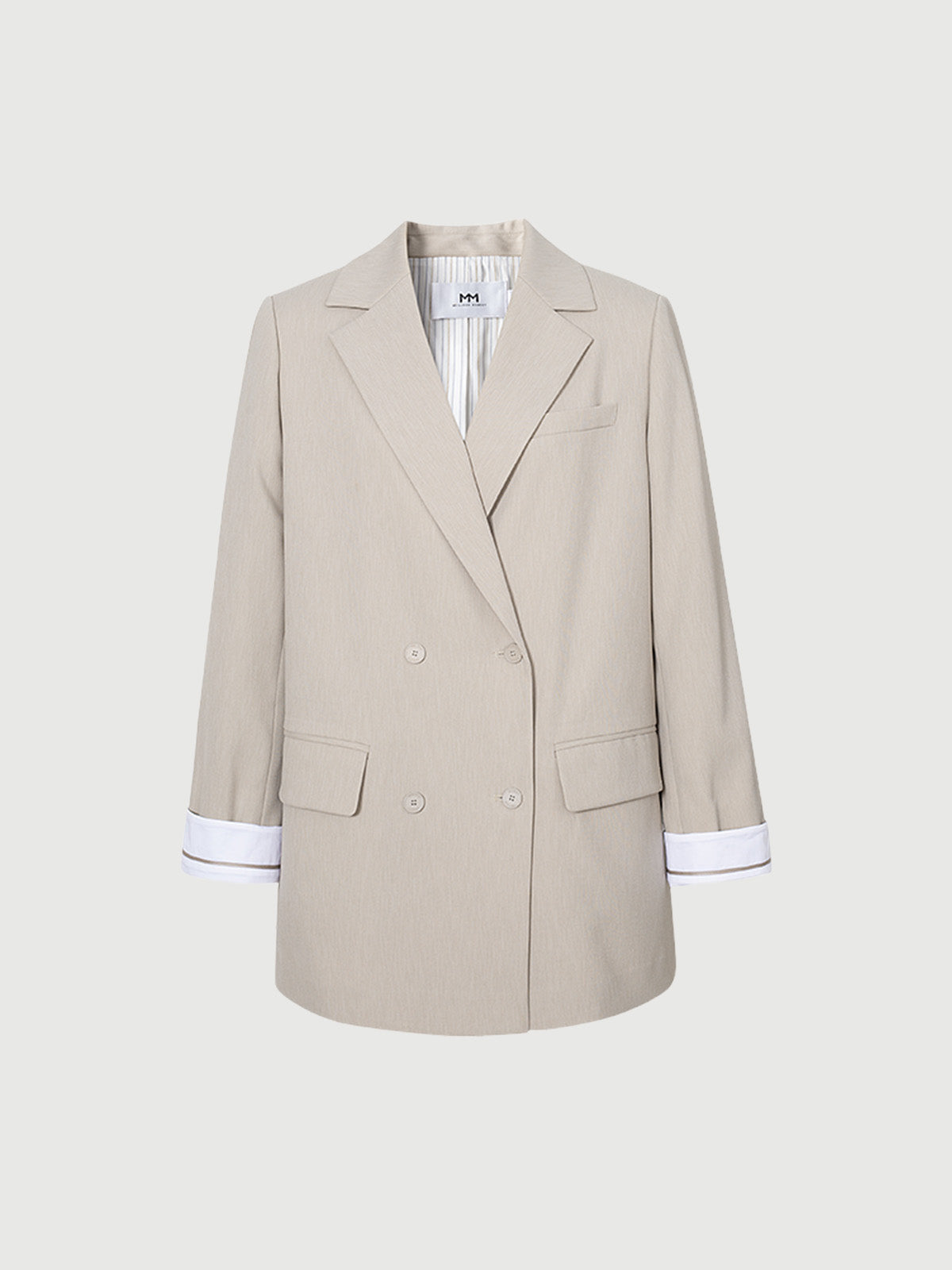 Camel gray blazer with notched collar, loose fit and double breasted