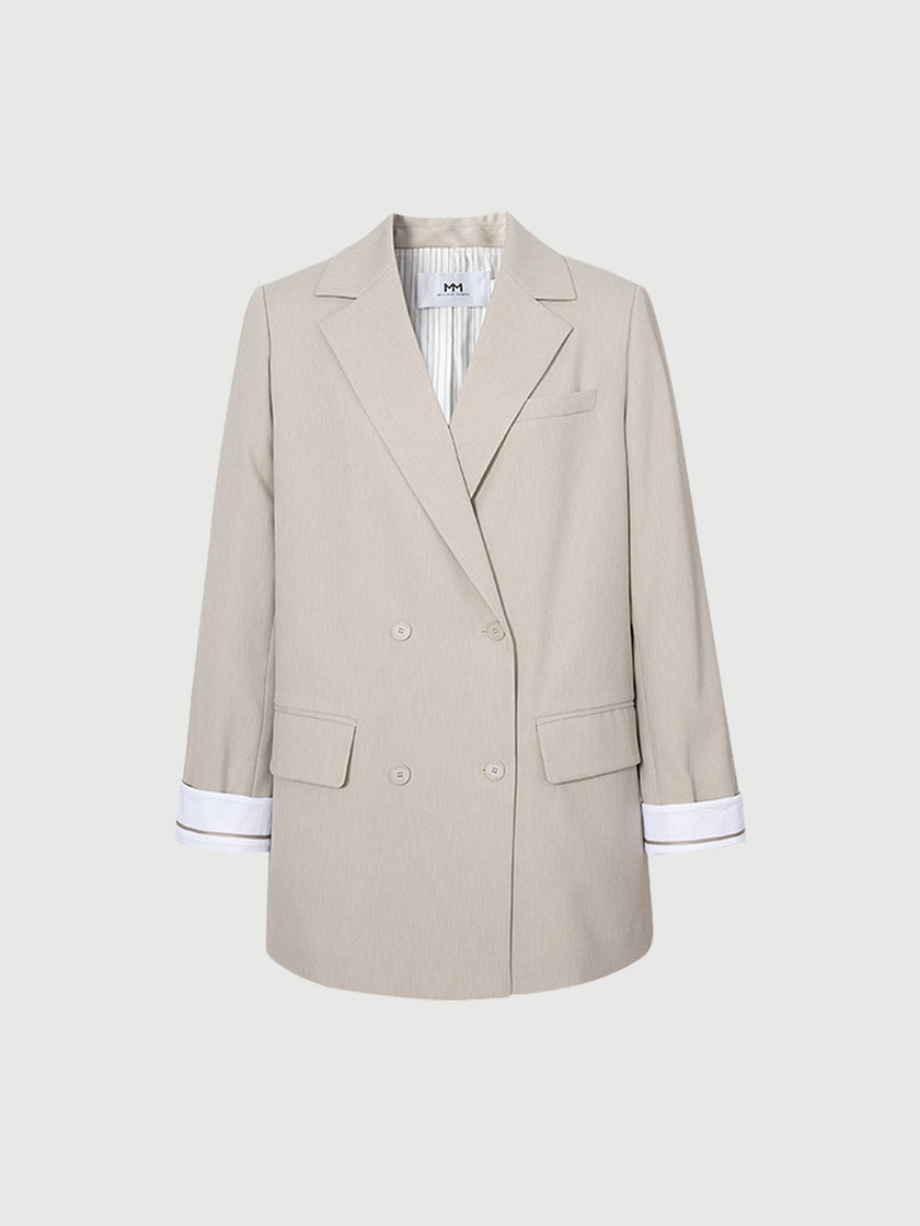 Camel gray blazer with notched collar, loose fit and double breasted