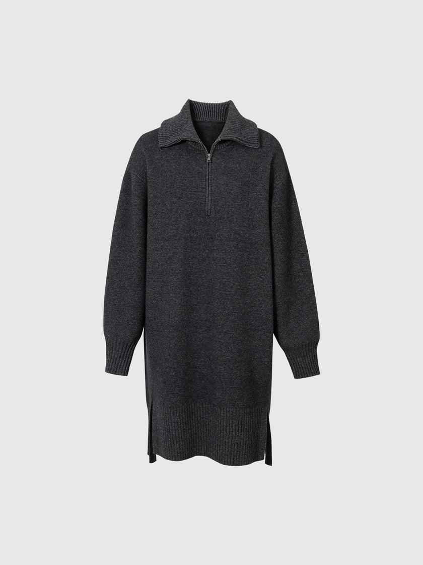 Women's Gray Stand Collar Straight Fit Winter Wool Dress