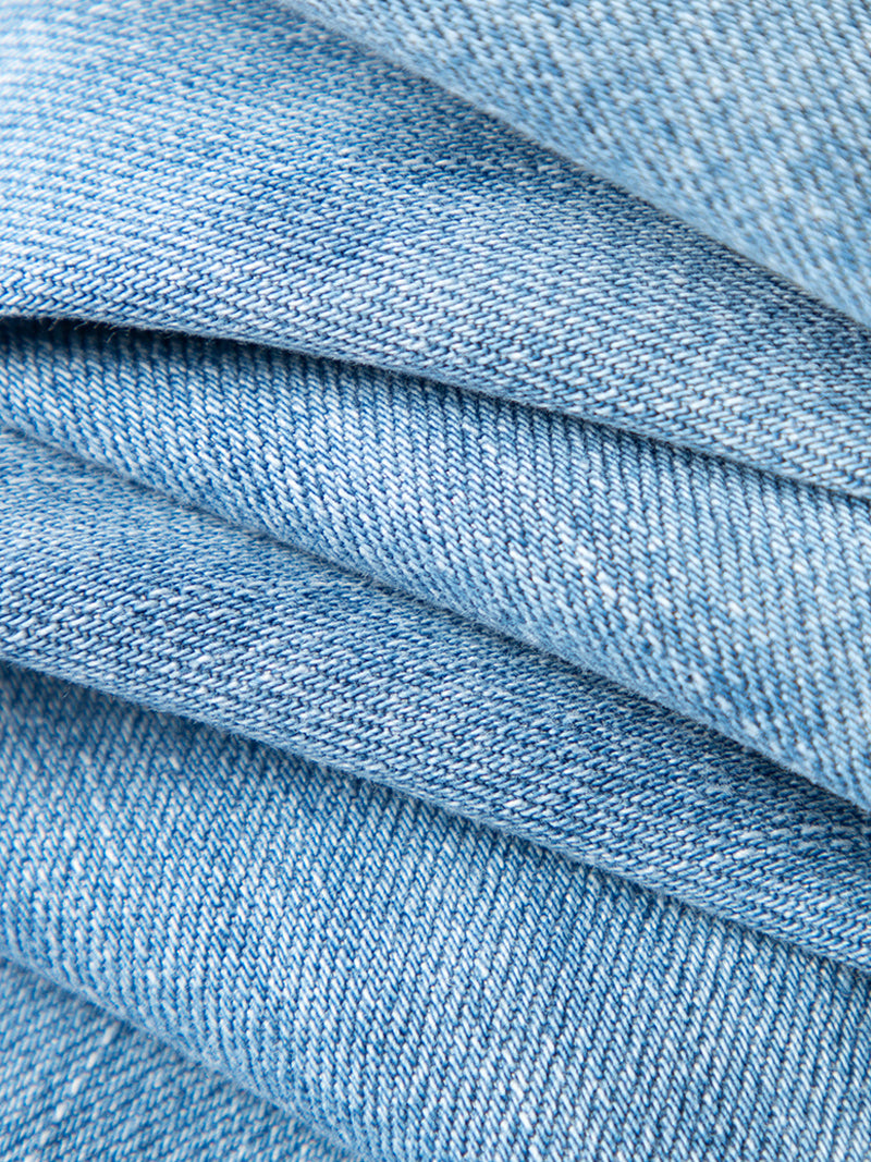 Blue denim mid-length straight skirt with shirring