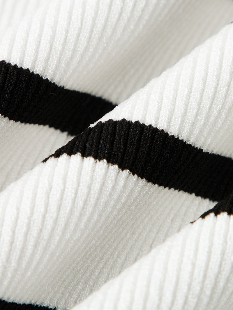 Black and white striped long sleeve zip-up knit jacket