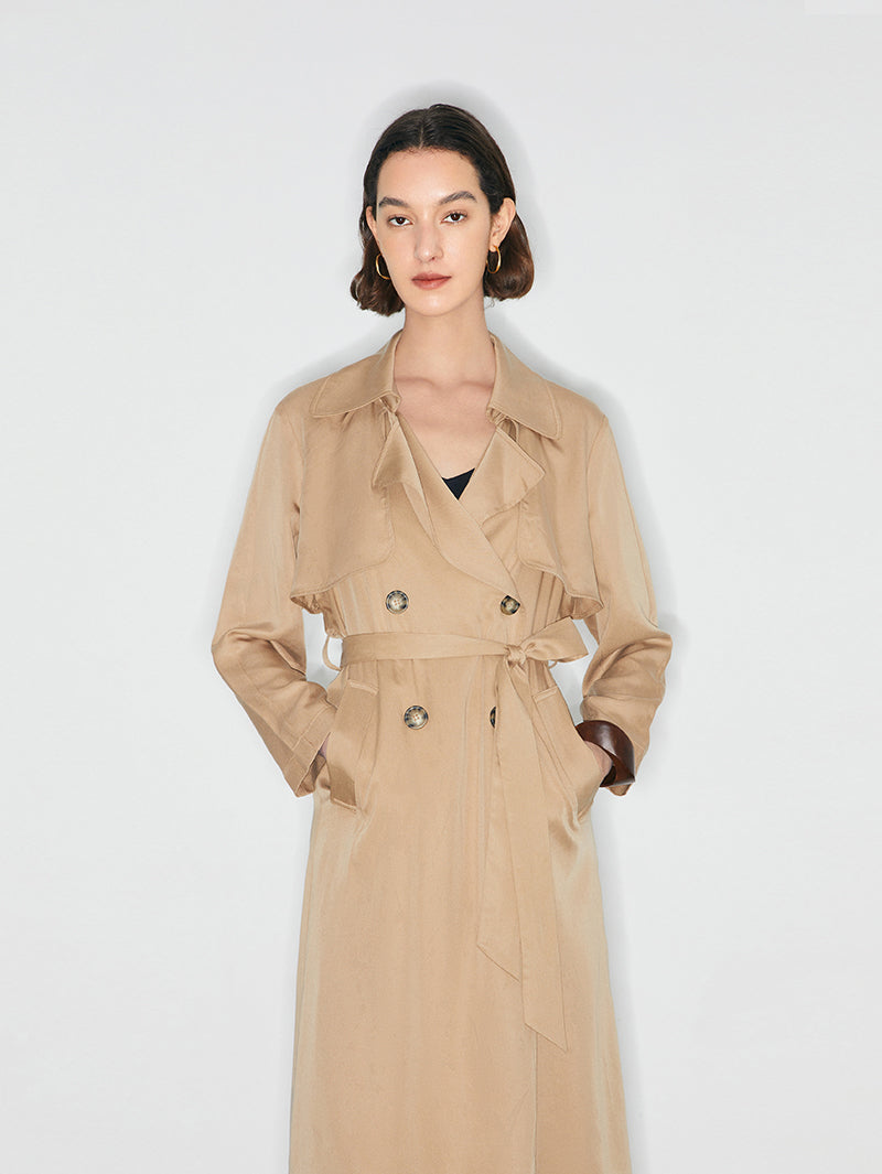 Women's Khaki Double Breasted Long Trench Coat with Belt