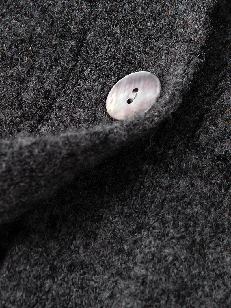 Dark gray sheepskin cardigan with puffed sleeves and V-neck