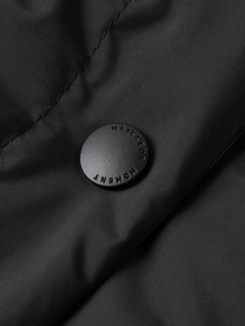 Black goose down jacket with hood and lapel collar
