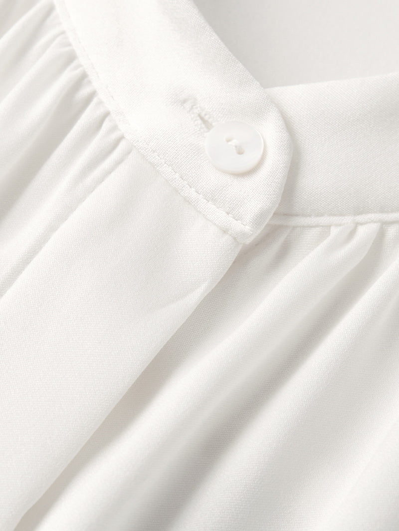 Women's White Silk Blouse with Round Neck and Long Sleeves