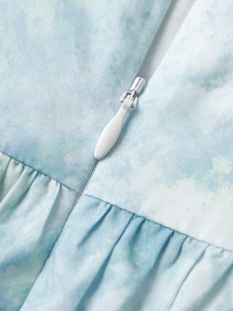 Blue slip dress with sky pattern in 100% cotton