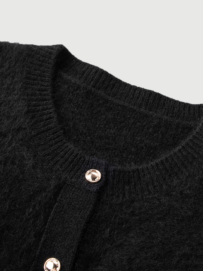 Black wool knit cardigan with round neck and buttons