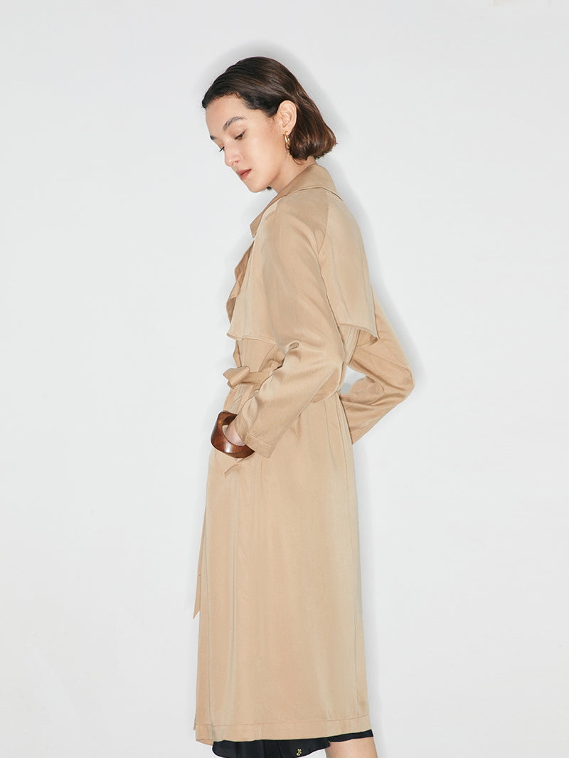Women's Khaki Double Breasted Long Trench Coat with Belt