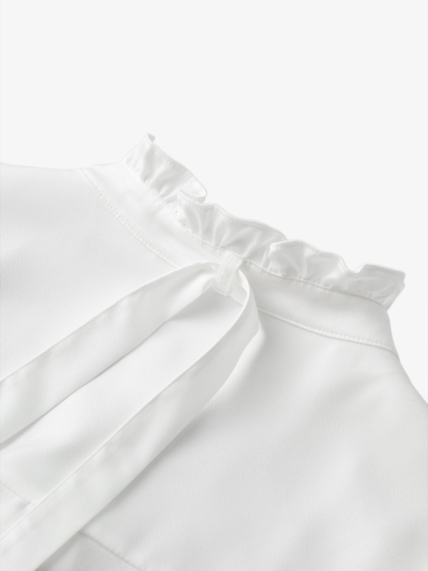 Pure white shirt with pleated collar, long sleeves