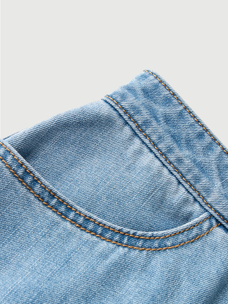 Blue denim mid-length straight skirt with shirring