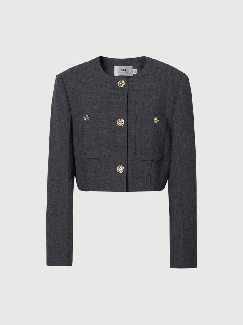 Short tweed jacket, gray, round neck, long sleeves