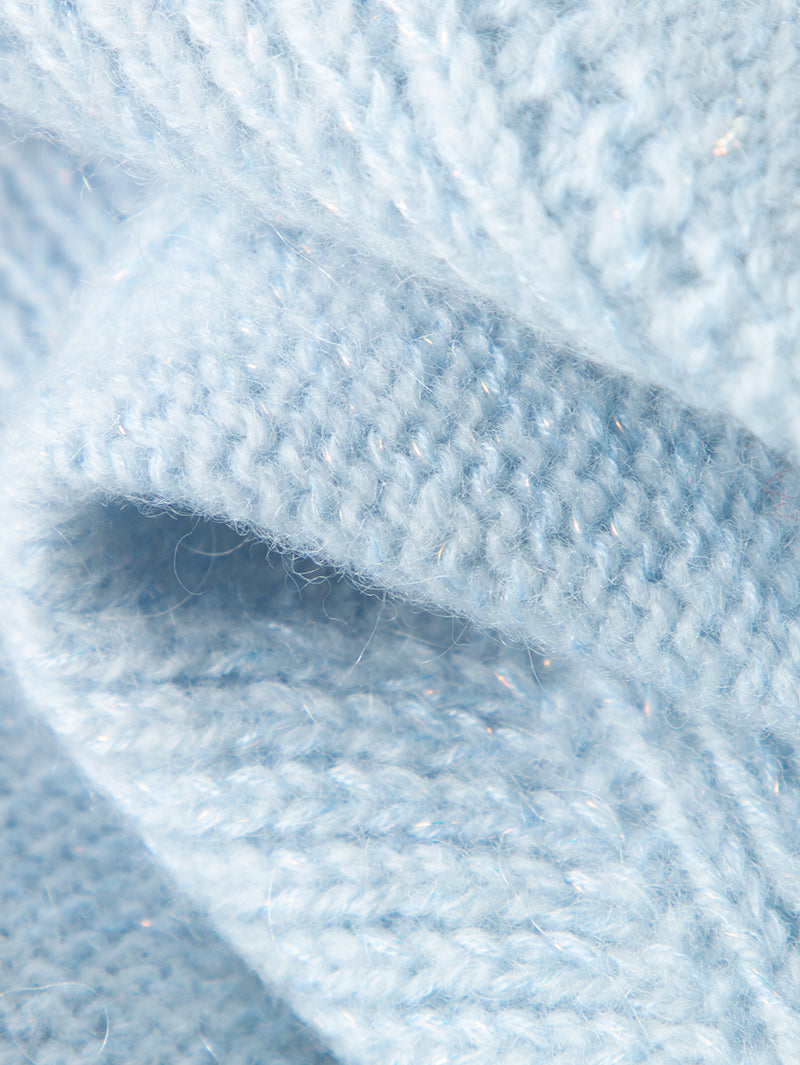 Women's Light Blue V Neck Rib Wool Knit Cardigan
