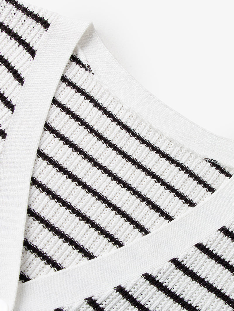 Women's White Black Stripes V Neck Short Sleeve Acetate Knitwear Top