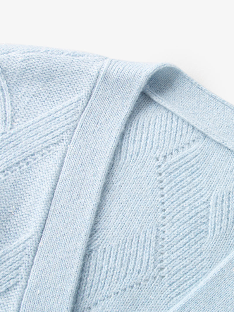 Women's Light Blue V Neck Rib Wool Knit Cardigan