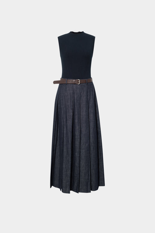 Carica immagine 1 in visualizzazione galleria. Mock-Neck Belted Denim Maxi Dress