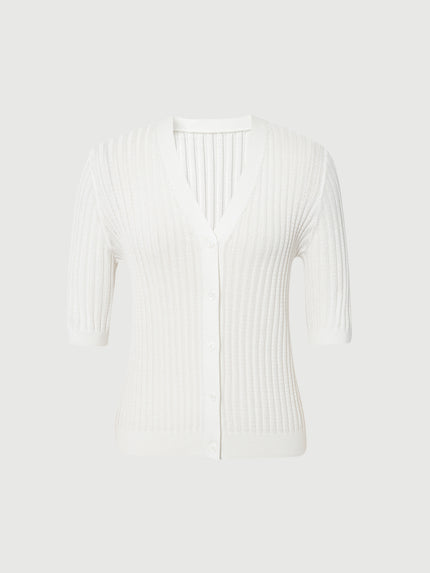 Top en tricot lyocell blanc, col en V, manches mi-longues